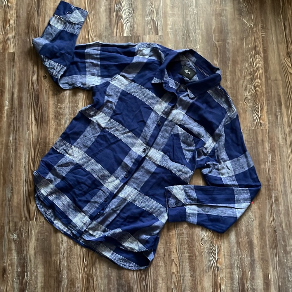 Rails Royal Blue White Plaid Linen Blend Button Down Long Sleeve Charli Flannel